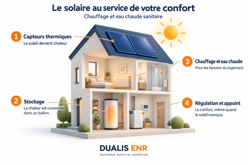 Fonctionnement du SSC : capteurs thermiques, ballon de stockage, chauffage et eau chaude, régulation et appoint.